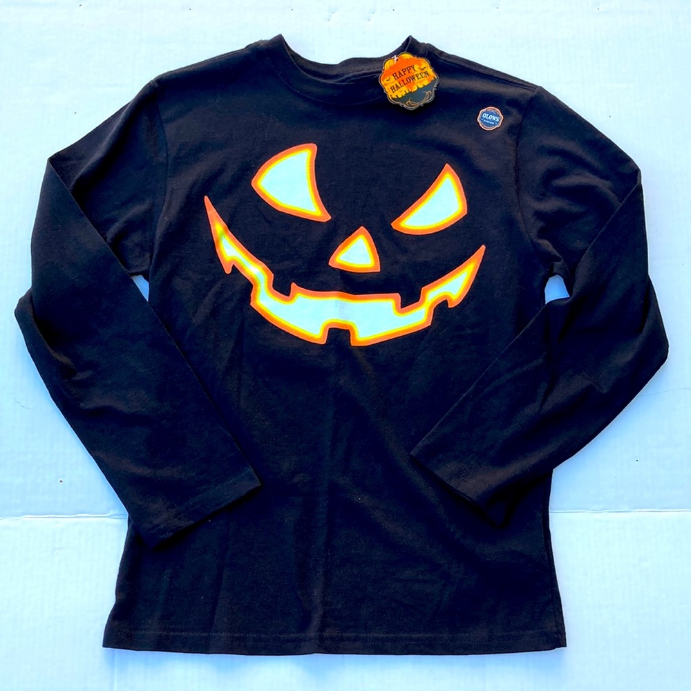 🎃 Halloween Jack-O-Lantern Long Sleeve T-Shirt Glows in the Dark XL (14-16) NWT